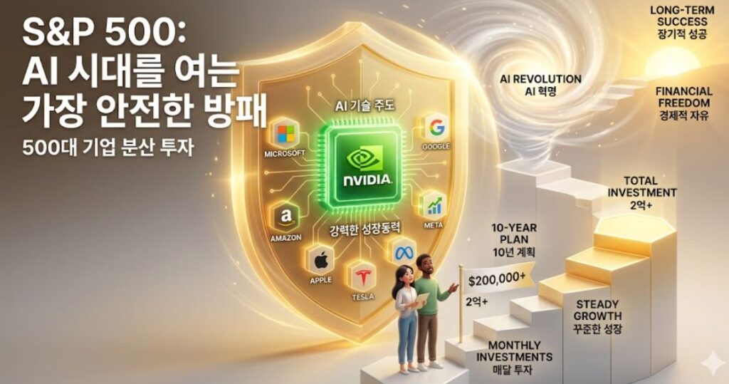 엔비디아(NVIDIA) 로고가 담긴 AI 기술 칩을 중심으로 미국 빅테크 기업(마이크로소프트, 구글, 아마존, 애플 등)들이 함께 묶여 S&P 500이라는 든든한 황금 방패를 구성하고 있는 3D 일러스트. AI 시대의 강력한 성장과 안정적인 분산 투자를 동시에 상징하며, 하단에는 10년 2억 로드맵 목표 달성을 향해 나아가는 부부의 모습이 보임.

A powerful 3D visual metaphor where a glowing NVIDIA chip, representing AI tech lead, is surrounded by other major US tech giant logos (Microsoft, Google, Amazon, Apple, etc.) to form a robust, protective golden shield labeled S&P 500. This illustration represents the combined strength of powerful growth engines and diversified investment in 500 companies during the AI era, guiding a young couple towards their 10-year financial goal.