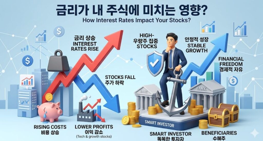 금리인상(RISING INTEREST RATES)과 주가 하락(FALLING STOCKS)의 역학 관계를 한눈에 보여주는 직관적인 3D 인포그래픽. 빨간색 금리 화살표가 위로 향할 때 파란색 주가 화살표가 비용 상승(RISING COSTS)과 이익 감소(LOWER PROFITS)라는 무거운 추 때문에 아래로 향하는 모습을 시각화함. 중앙 하단에는 금리 인상기라는 폭풍우 속에서도 자산을 단단하게 지켜주는 피난처로 닻 모양의 '우량주(HIGH-QUALITY STOCKS)' 방패를 배치하여 안정적인 금융 투자 전략을 강조함.

A professional 3D infographic illustrating the relationship between rising interest rates and falling stock prices. It visualizes a red upward-pointing arrow for 'Rising Interest Rates' while a blue 'Stock Prices' arrow is pulled down by heavy weights labeled 'Rising Costs' and 'Lower Profits.' At the bottom center, a shield with an anchor icon representing 'High-Quality Stocks' is positioned as a safe haven, emphasizing a stable financial investment strategy amidst the storm of interest rate hikes.