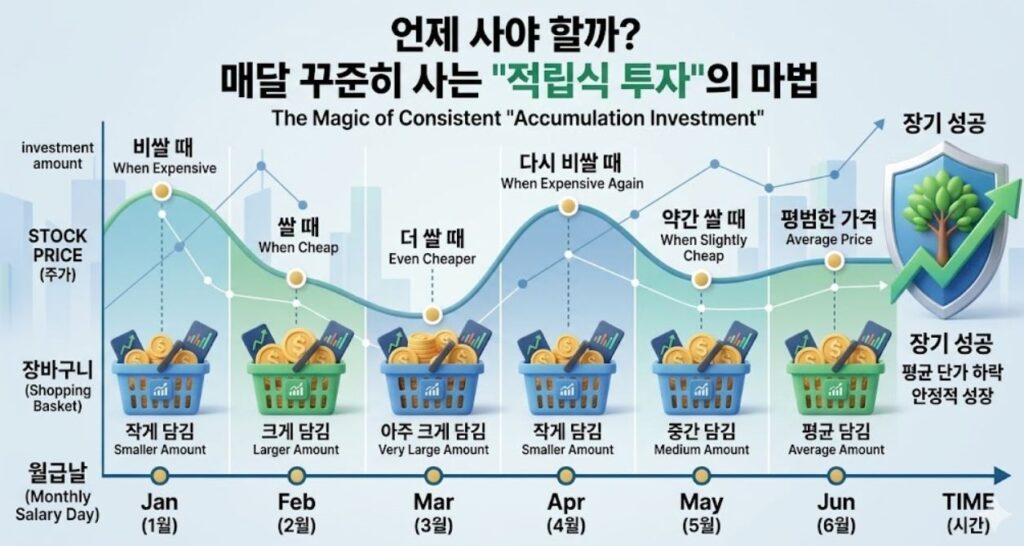 적립식투자 (Dollar-Cost Averaging)의 원리를 '장바구니' 비유로 설명하는 직관적인 3D 인포그래픽. 주가가 높을 때는 장바구니에 적은 양의 주식이 담기고, 주가가 낮을 때는 동일한 투자금으로 더 많은 양의 주식이 담기는 과정을 월별(1월~6월) 타임라인으로 시각화함. 최종적으로 평균 단가가 낮아지며 방패와 나무 아이콘으로 상징되는 '장기 성공(Long-term Success)'과 '안정적 성장'에 도달하는 스마트한 투자 전략을 강조함.

A professional 3D infographic explaining the concept of Dollar-Cost Averaging (DCA) using a 'Shopping Basket' metaphor. It visualizes how a fixed monthly investment buys a 'Smaller Amount' of stocks when prices are high and a 'Larger Amount' when prices are low across a 6-month timeline. The image concludes with a shield and a growing tree icon symbolizing 'Long-term Success' and 'Stable Growth' through lowered average purchase costs.