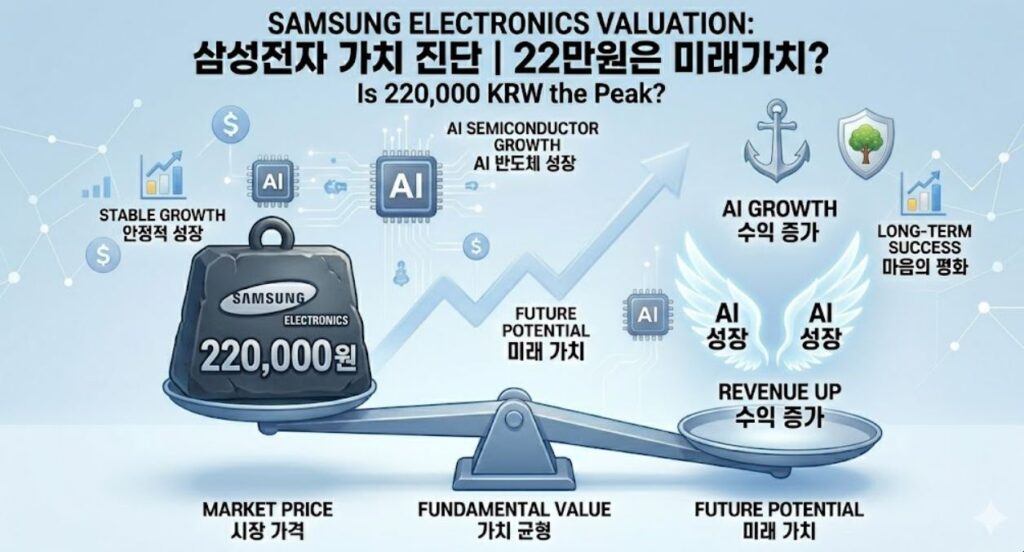 삼성전자 주가 220,000원이 기업의 미래 성장 가치와 비교했을 때 어떤 수준인지 보여주는 직관적인 3D 가치 저울 인포그래픽. 왼쪽 저울에는 삼성전자 로고와 함께 '220,000원'이라는 시장 가격이 무거운 금괴 모양으로 놓여 있고, 오른쪽 저울에는 이를 지탱하는 'AI 반도체 성장' 날개와 함께 '수익 증가(REVENUE UP)' 메시지가 균형을 맞추고 있음. 배경에는 상승하는 그래프와 함께 '안정적 성장', '장기적 성공' 아이콘이 배치되어 장기적인 가치 상승 기대감을 시각화함.
