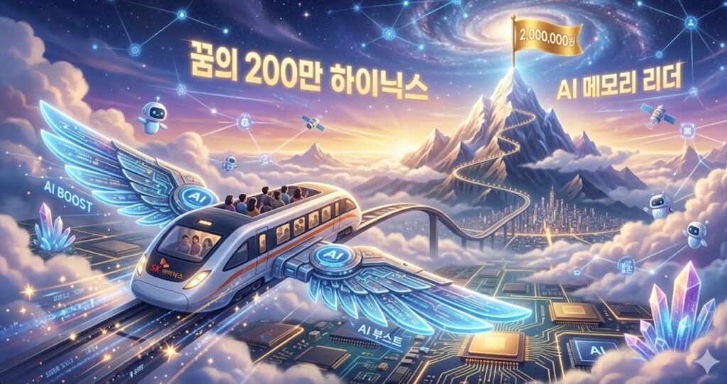 SK하이닉스 주가 목표 200만 원(2,000,000 KRW) 도달 가능성을 시각화한 3D 인포그래픽. 'HBM(고대역폭 메모리)' 날개와 'AI 성능' 추진력을 장착한 기차(SK hynix 로고)가 '수익 폭발', 'AI 칩 시장 선점' 궤도를 따라 'PER 10배', 'PBR 2배' 지표를 통과하며 험준한 산 정상에 꽂힌 '200만 고지(FLAG)' 깃발을 향해 힘차게 질주하고 있음. 배경에는 상승하는 그래프와 데이터 네트워크가 펼쳐져 HBM 기술력과 강력한 실적 성장에 기반한 장기적인 가치 상승 기대감을 직관적으로 보여줌.