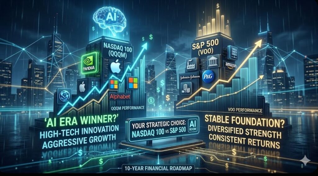 AI 시대의 투자 전략을 시각화한 나스닥 100(QQQM)과 S&P 500(VOO) 비교 인포그래픽. 미래 지향적인 도시 배경 속에서 엔비디아, 애플 등 빅테크 기업을 포함한 나스닥100의 성장세와 S&P500의 안정적인 기초를 atmospheric한 3D 차트로 표현함.