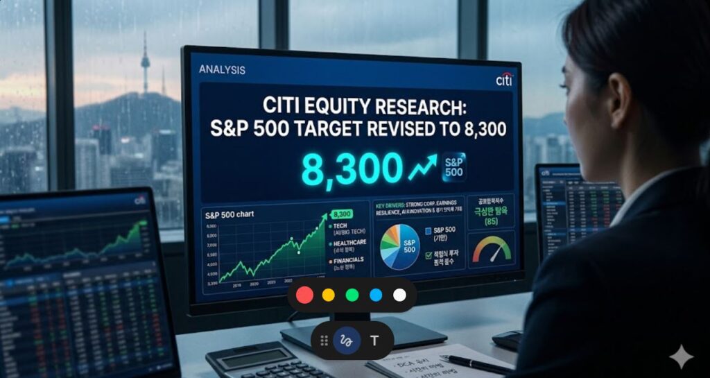 씨티의 로고와 함께 " CITI EQUITY RESEARCH: S&P 500 TARGET REVISED TO 8300 "이라는 문구를 중앙 상단에 명확하게 배치했습니다. 그 아래로 빛나는 8300 이라는 숫자와 함께 S&P 500 지수의 강력한 우상향 차트를 시각화했습니다.
