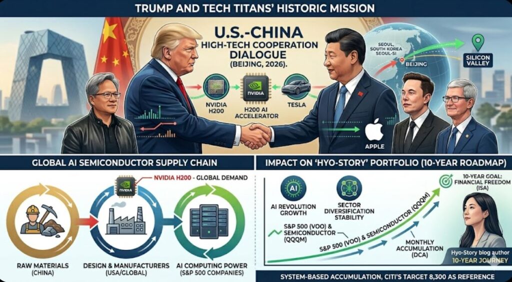 트럼프 시진핑 베이징 회담 엔비디아 H200 반도체 공급망 및 S&P 500 VOO QQQM 10년 장기 적립식 투자 로드맵 시각화 인포그래픽