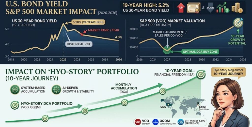 미국 30년물 국채 금리 19년 만의 최고치 5.2% 폭주 현상에 따른 S&P 500 VOO 시장 가치 조정과 효스토리 블로그 10년 적립식 DCA 투자 로드맵 최적의 매수 구간 시각화 인포그래픽