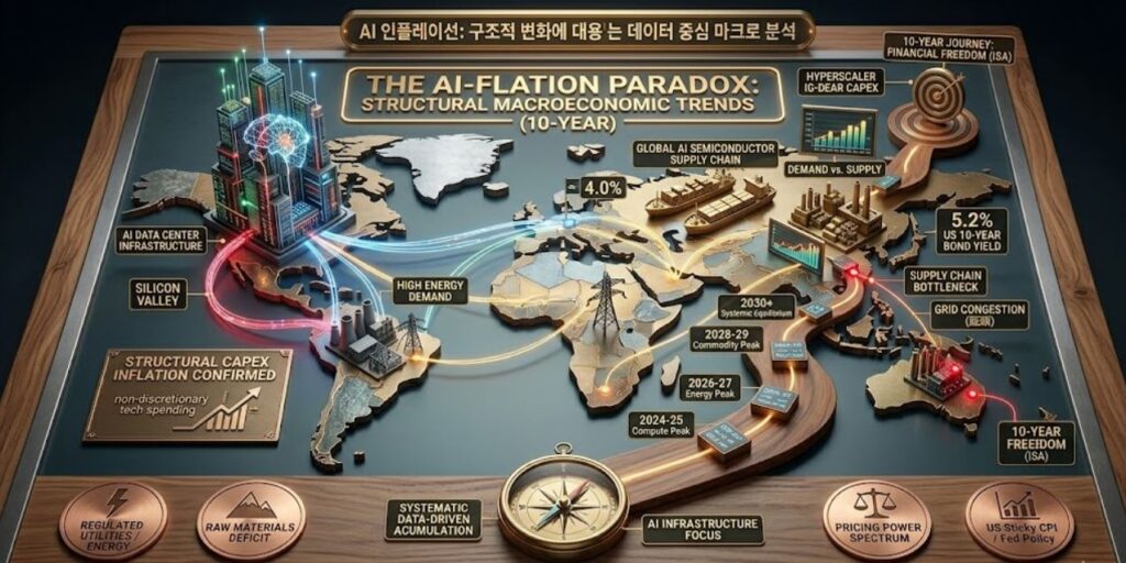 AI 인플레이션 파라독스 현상에 따른 글로벌 반도체 공급망 병목과 고에너지 전력망 수요 및 원자재 부족이 유도하는 구조적 고물가 매크로 데이터 분석 3D 입체 인포그래픽